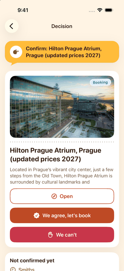 The decision screen: confirm the hotel with the buttons We agree, let's book and We can't.