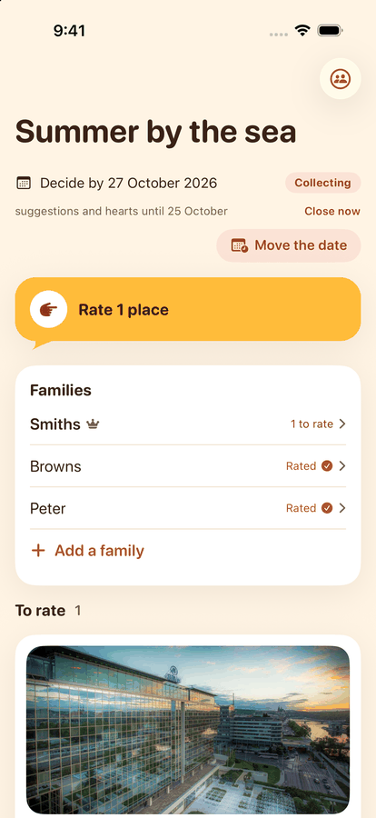The So, where? app on an iPhone: the selection “Summer by the sea” with three families and a banner saying Rate 1 place.